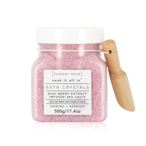 Vegan Sunday Rain bath crystals with acai berry extract and natural sea salts create a relaxing and nourishing bath experience.