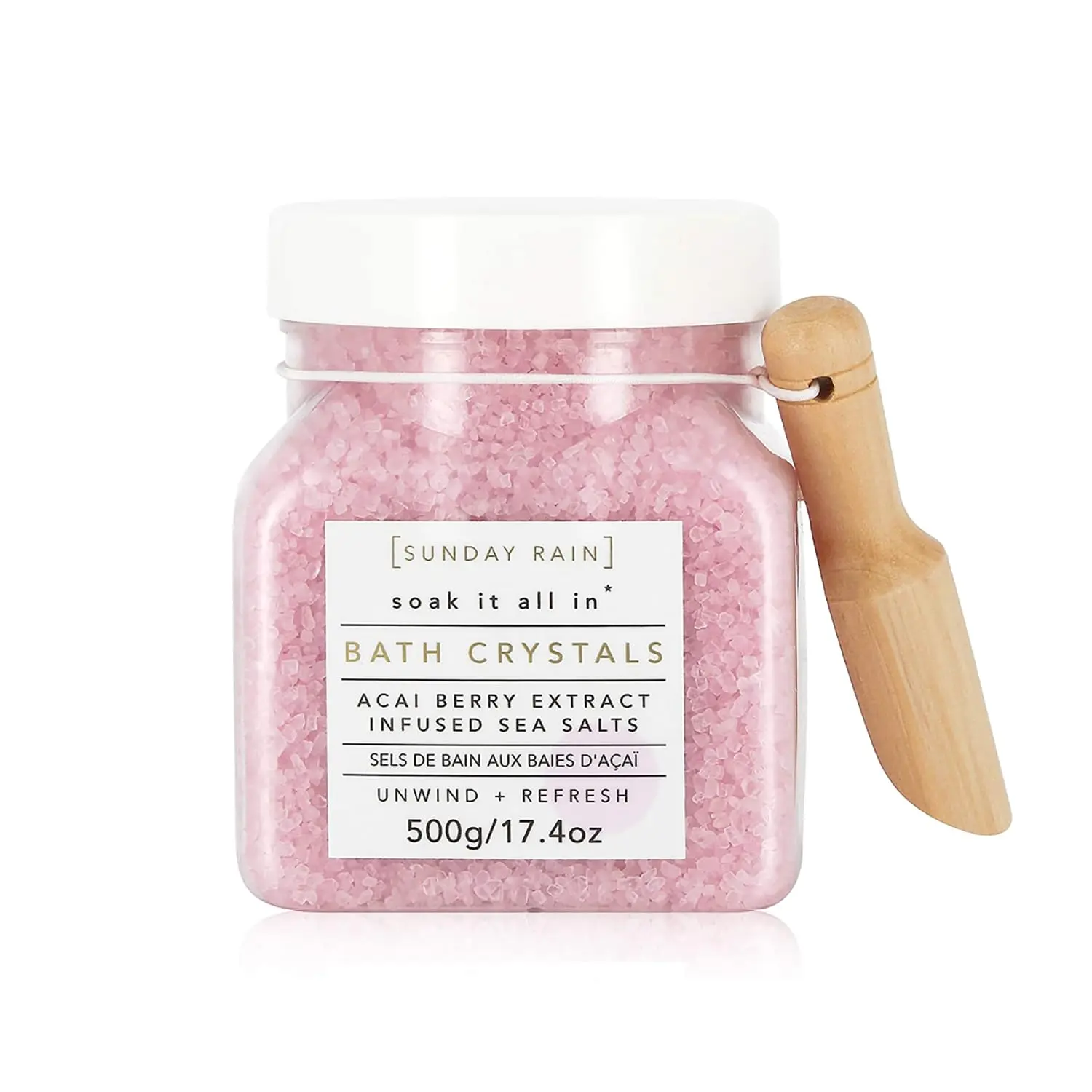 Vegan Sunday Rain bath crystals with acai berry extract and natural sea salts create a relaxing and nourishing bath experience.