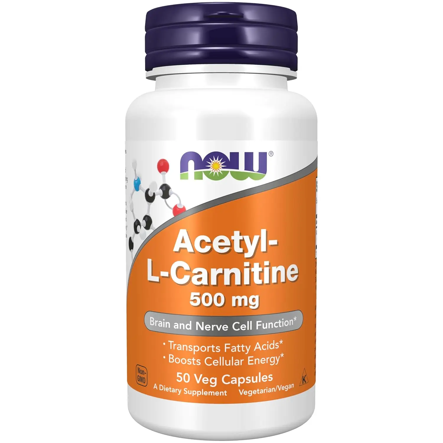 This image shows a bottle of Now Supplements Acetyl-L Carnitine 500 mg, a Non-GMO and Kosher amino acid supplement packaged in the USA.