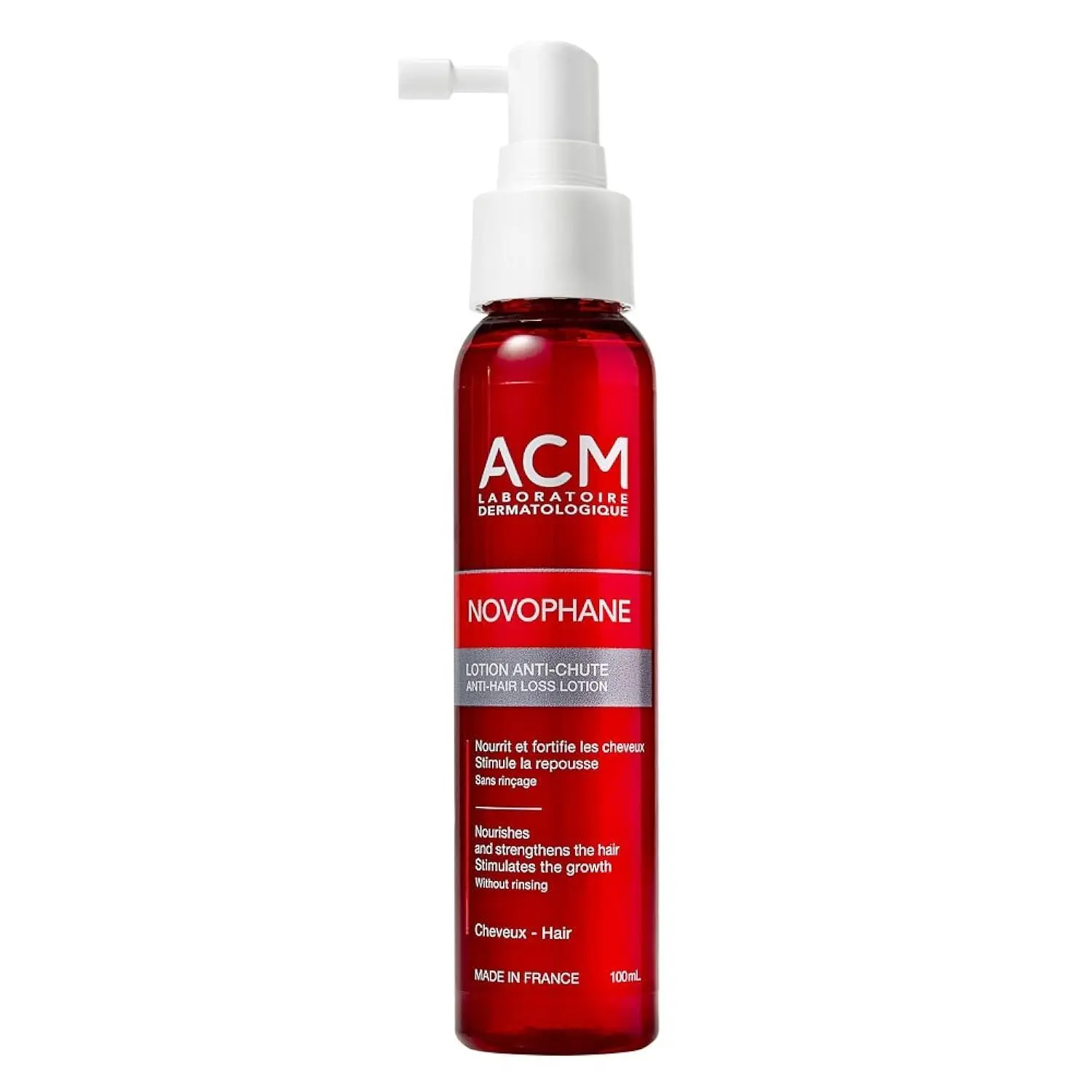 ACM Novophane unscented lotion for hair loss treatment in a 100 mL bottle.