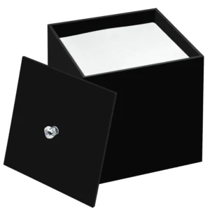 Black acrylic shower steamer holder with lid, perfect for organizing bath bombs and shower tablets on bathroom countertops.