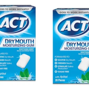 Two packs of sugar-free ACT Dry Mouth Moisturizing Gum in soothing mint flavor that contains Xylitol to relieve dry mouth, freshen breath, and stimulate saliva production.
