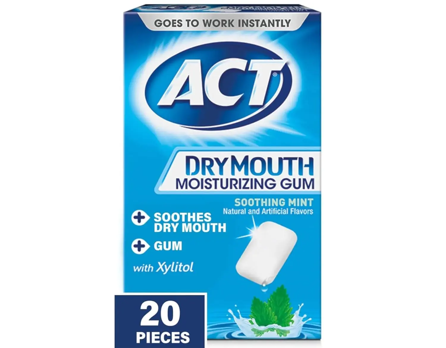 Two packs of sugar-free ACT Dry Mouth Moisturizing Gum in soothing mint flavor that contains Xylitol to relieve dry mouth, freshen breath, and stimulate saliva production.