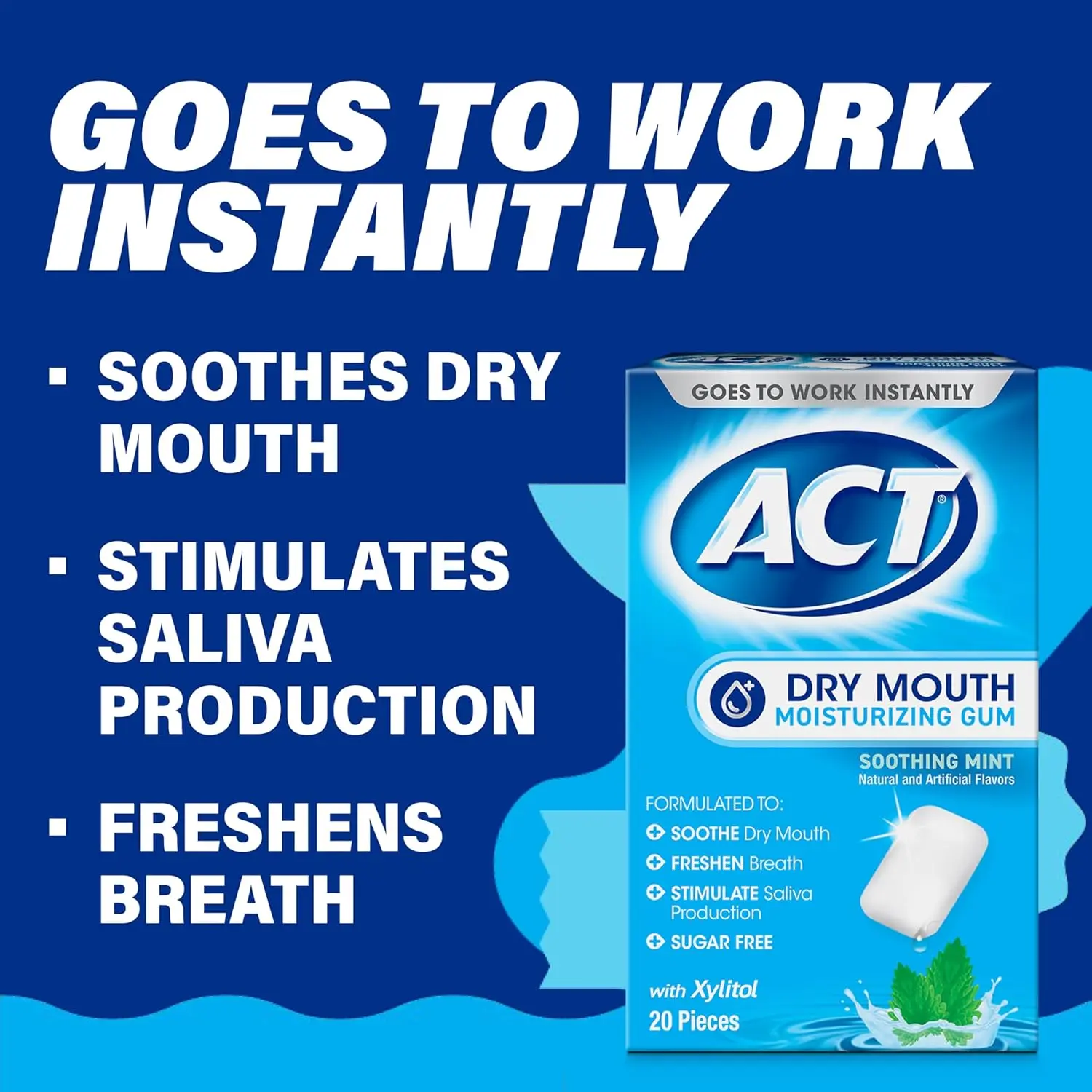 This is a 20-count pack of ACT Dry Mouth Moisturizing Gum with Xylitol in a sugar-free soothing mint flavor.