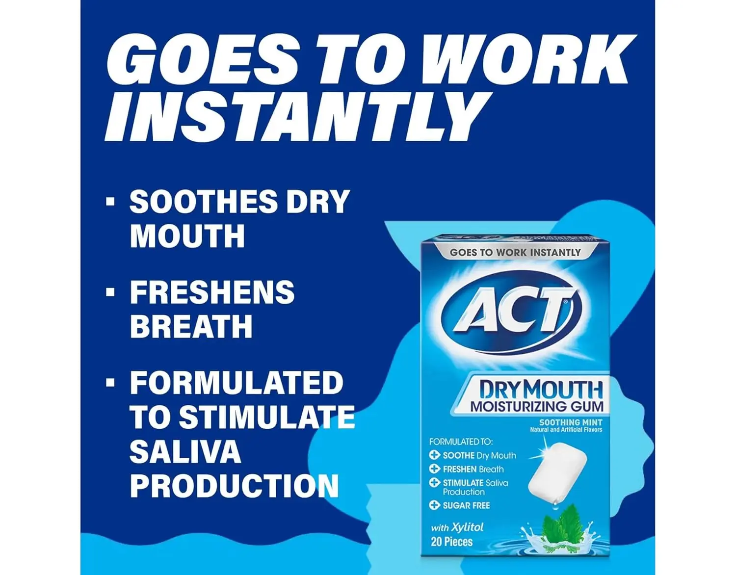 Two packs of sugar-free ACT Dry Mouth Moisturizing Gum in soothing mint flavor that contains Xylitol to relieve dry mouth, freshen breath, and stimulate saliva production.