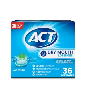 A box of 36 ACT Dry Mouth Lozenges in soothing mint flavor with Xylitol is shown, providing sugar-free relief and breath freshening.