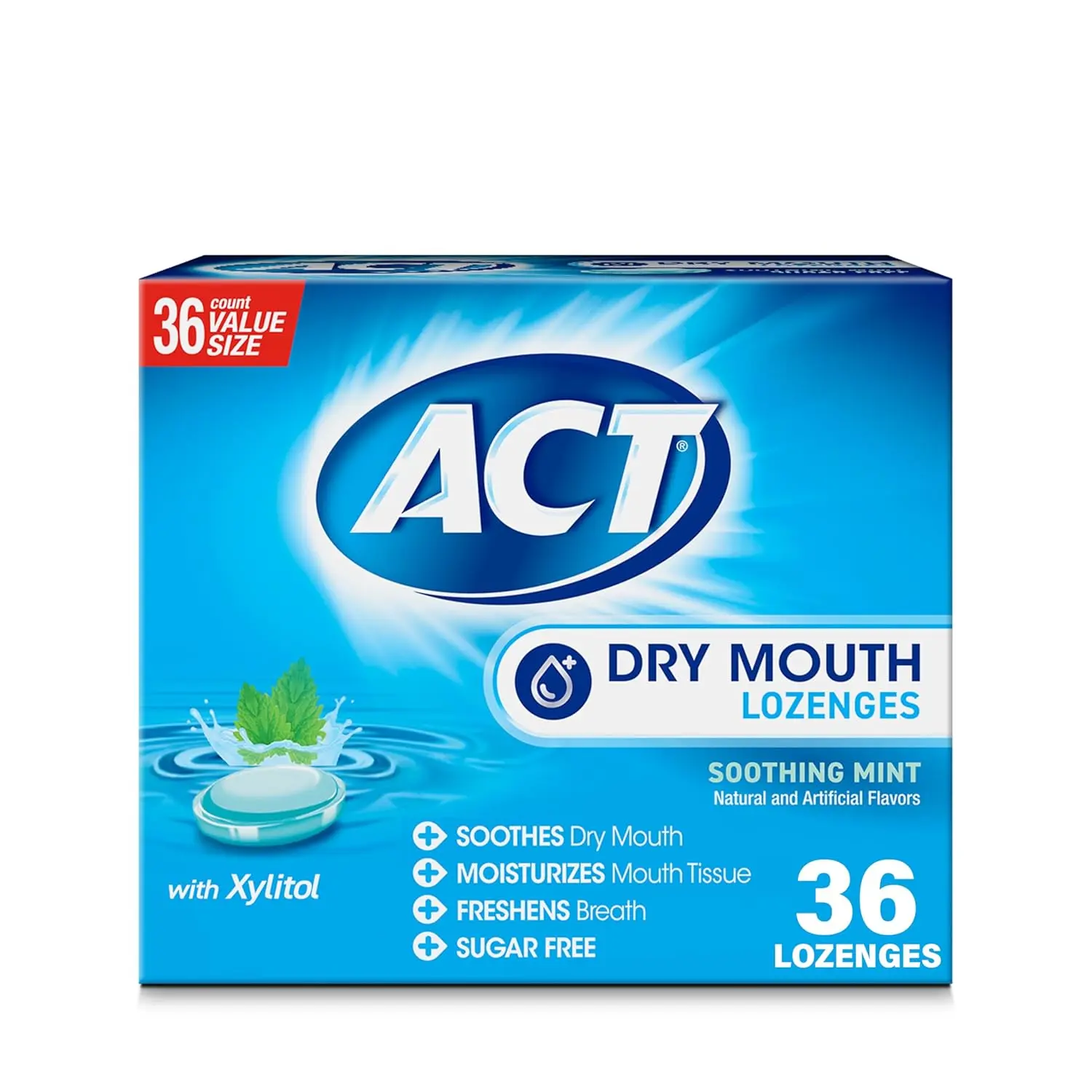 A box of 36 ACT Dry Mouth Lozenges in soothing mint flavor with Xylitol is shown, providing sugar-free relief and breath freshening.