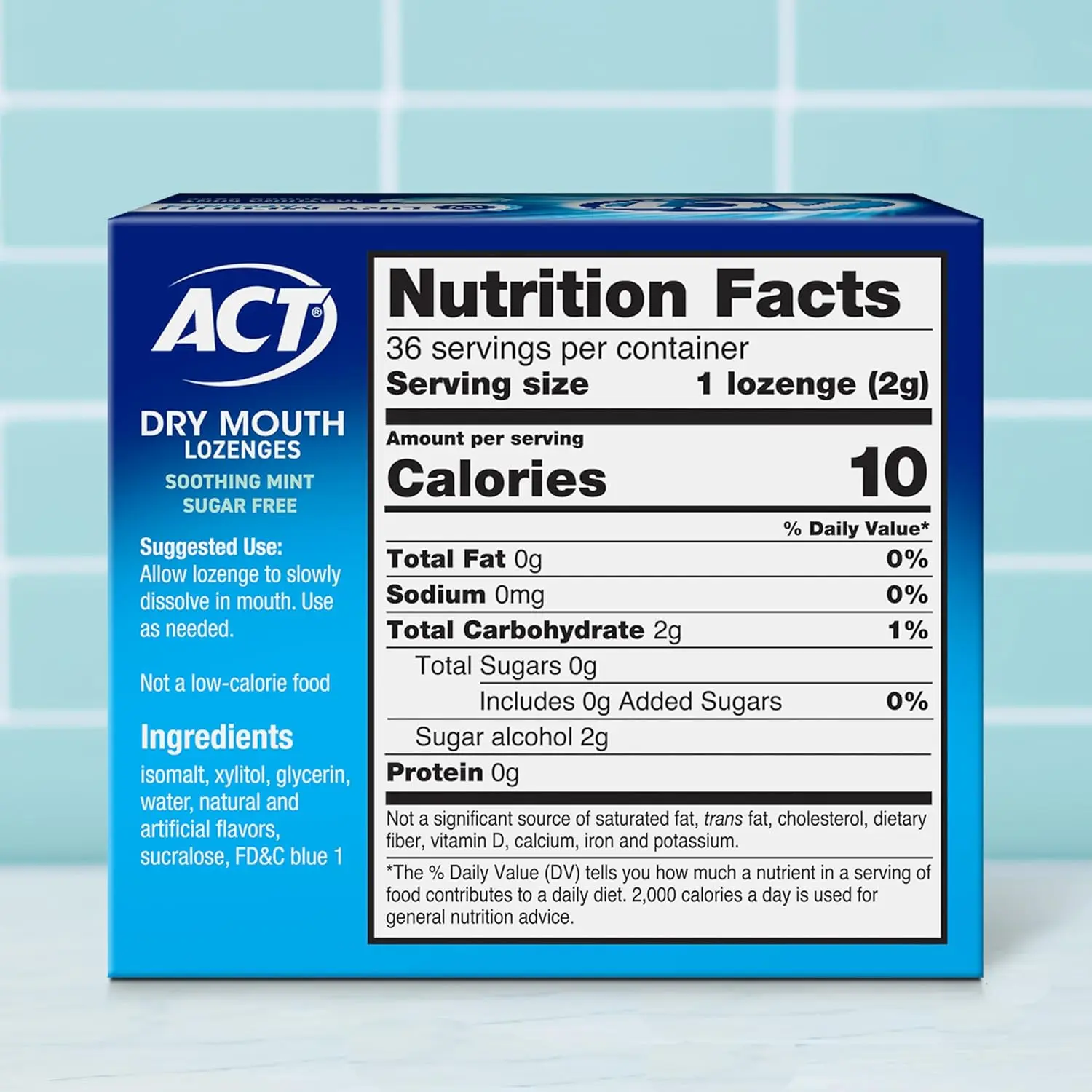 A box of 36 ACT Dry Mouth Lozenges in soothing mint flavor with Xylitol is shown, providing sugar-free relief and breath freshening.