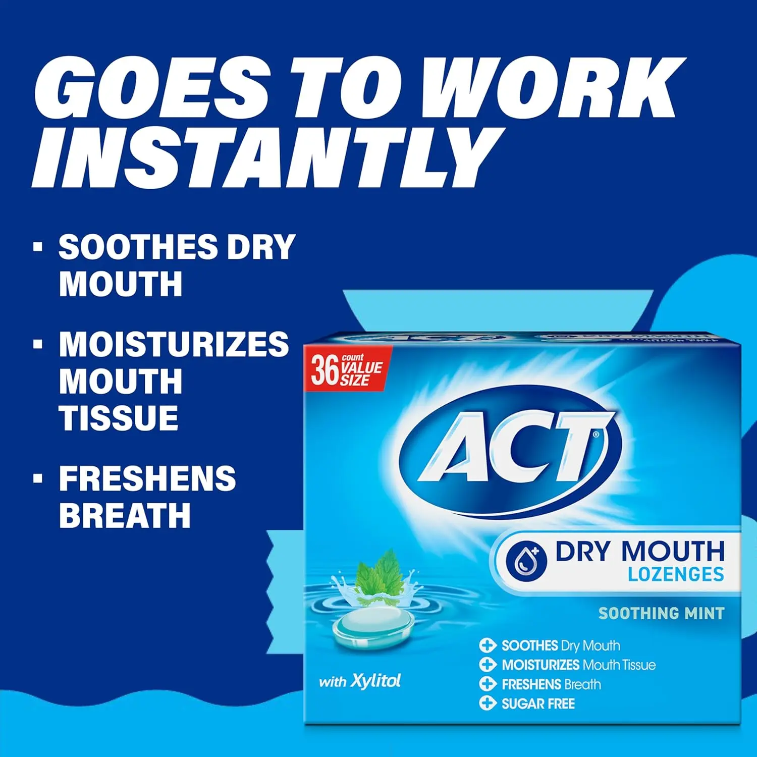 A box of 36 ACT Dry Mouth Lozenges in soothing mint flavor with Xylitol is shown, providing sugar-free relief and breath freshening.