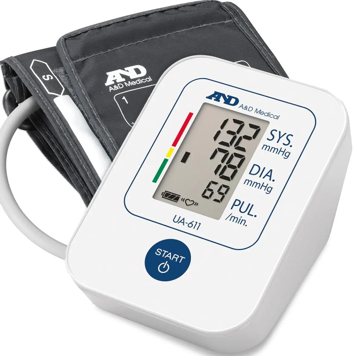 A&D Medical UA-611 upper arm blood pressure monitor, clinically validated and featuring one-button operation, irregular heartbeat indicator, and WHO classification.