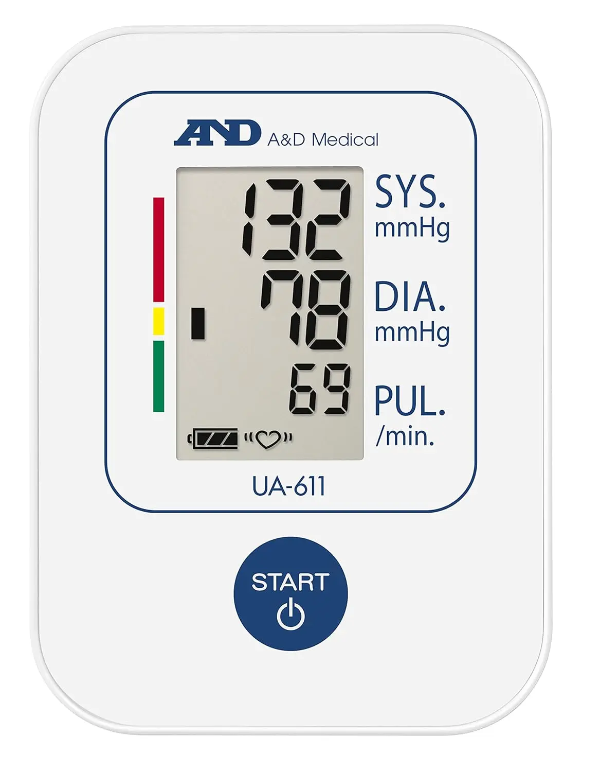 A&D Medical UA-611 upper arm blood pressure monitor, clinically validated and featuring one-button operation, irregular heartbeat indicator, and WHO classification.