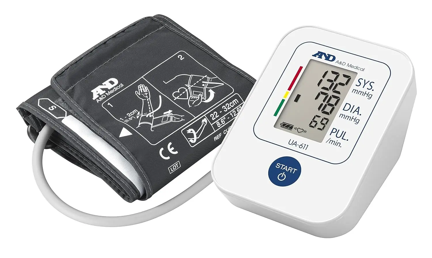 A&D Medical UA-611 upper arm blood pressure monitor, clinically validated and featuring one-button operation, irregular heartbeat indicator, and WHO classification.