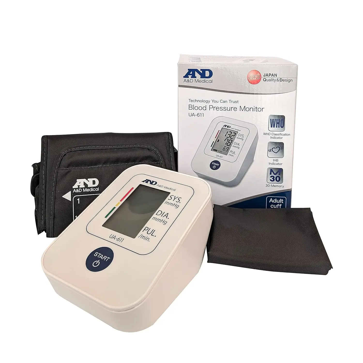A&D Medical UA-611 upper arm blood pressure monitor, clinically validated and featuring one-button operation, irregular heartbeat indicator, and WHO classification.