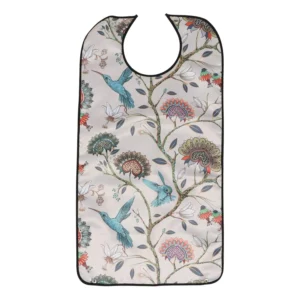 This waterproof adult bib dining apron provides clothing protection for seniors, elderly, and disabled patients during mealtimes and other messy activities.