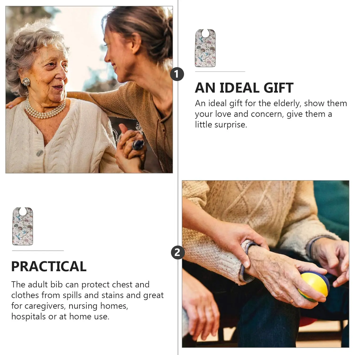 This waterproof adult bib dining apron provides clothing protection for seniors, elderly, and disabled patients during mealtimes and other messy activities.