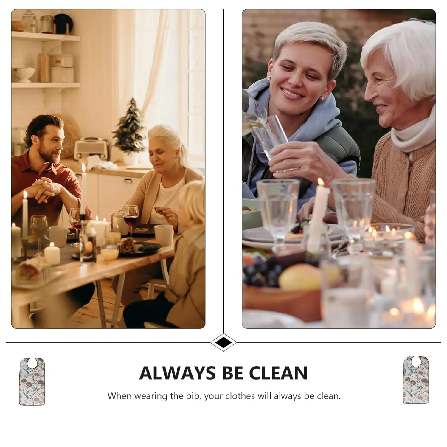 This waterproof adult bib dining apron provides clothing protection for seniors, elderly, and disabled patients during mealtimes and other messy activities.