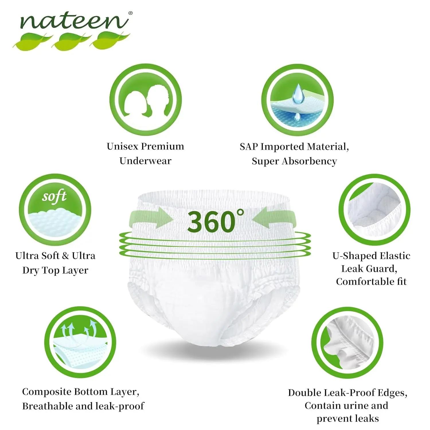 Nateen Hospeen adult diapers in medium size are super absorbent and comfortable incontinence underwear designed for both men and women with a waist size of 60-110cm.