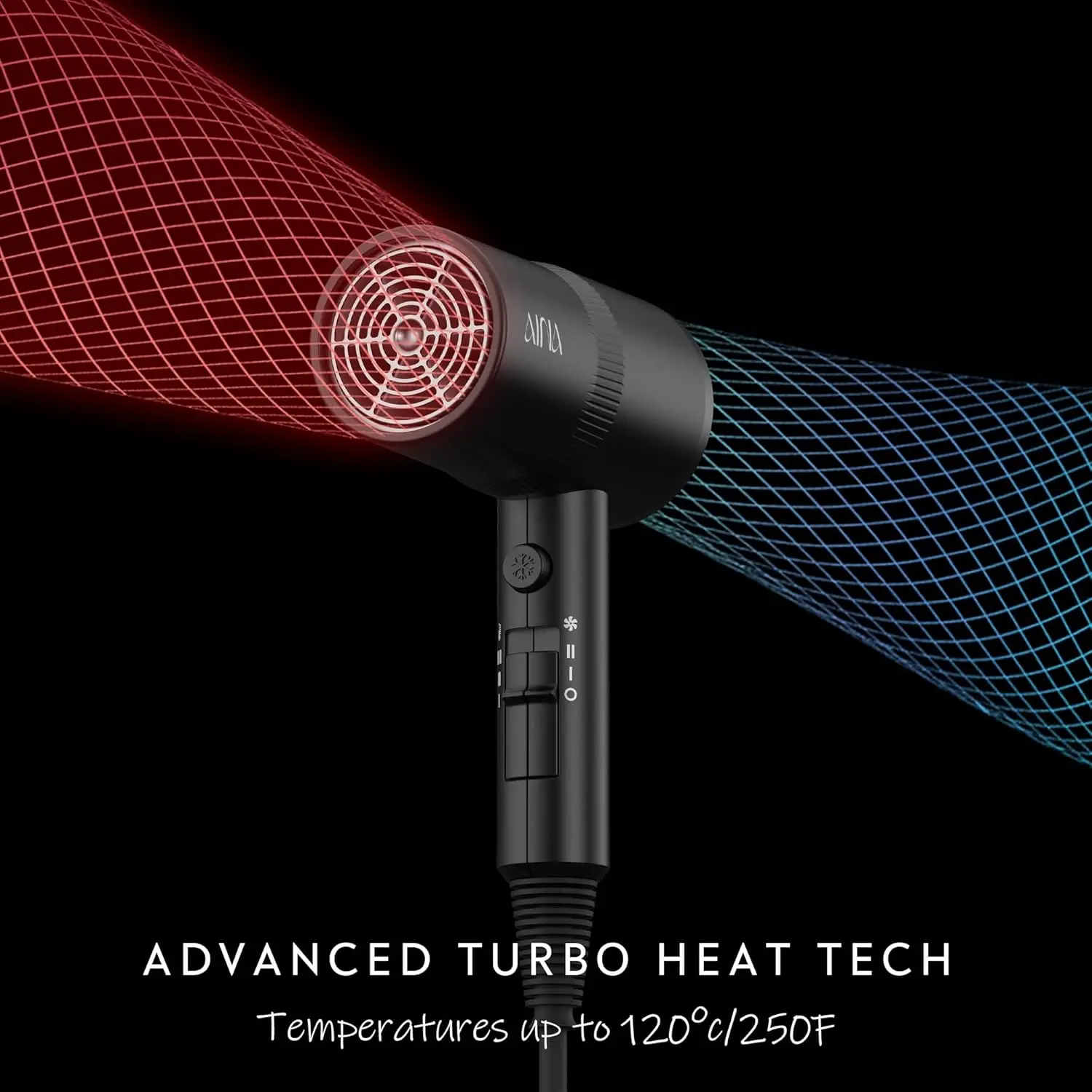 AINA hair dryer with diffuser attachment, featuring ionic and ceramic technology for fast drying and shiny, frizz-free hair.