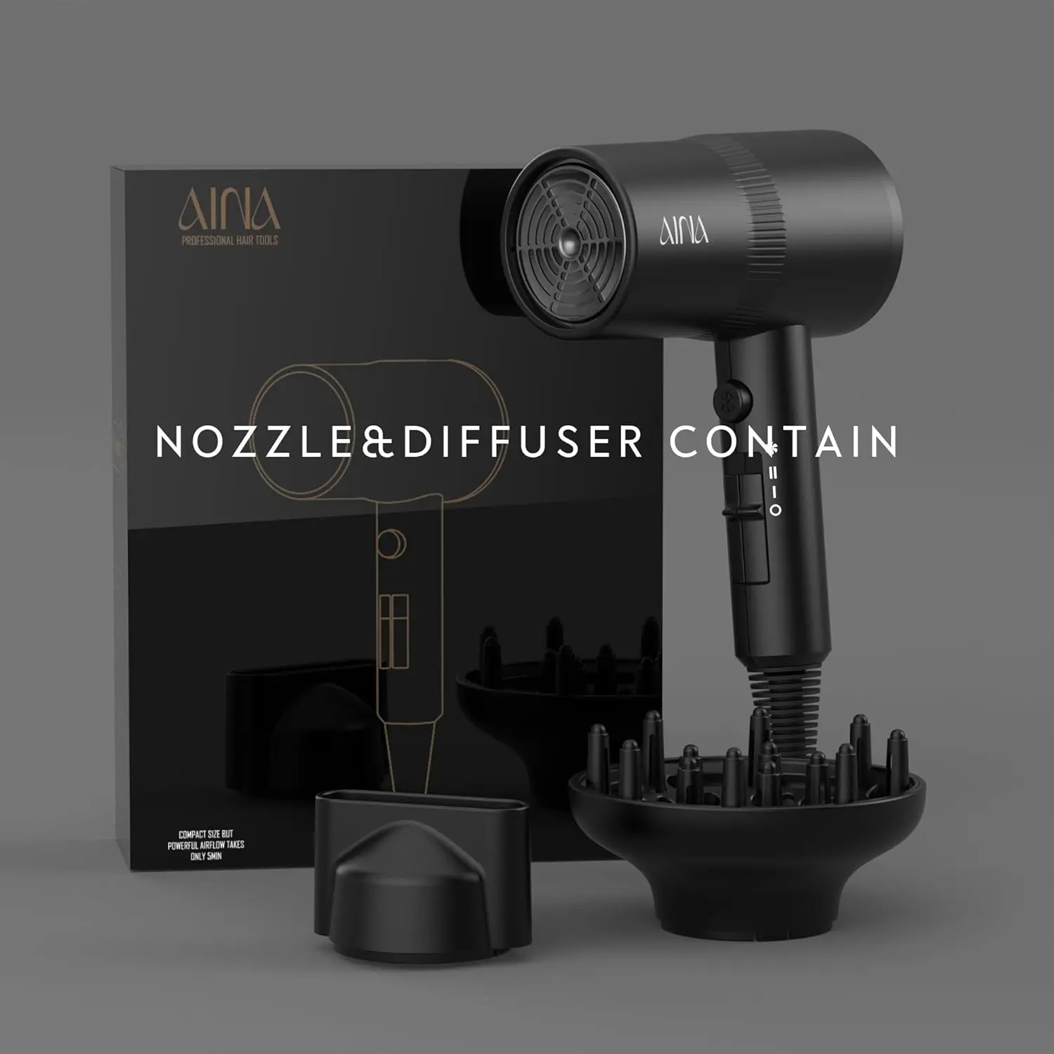 AINA hair dryer with diffuser attachment, featuring ionic and ceramic technology for fast drying and shiny, frizz-free hair.