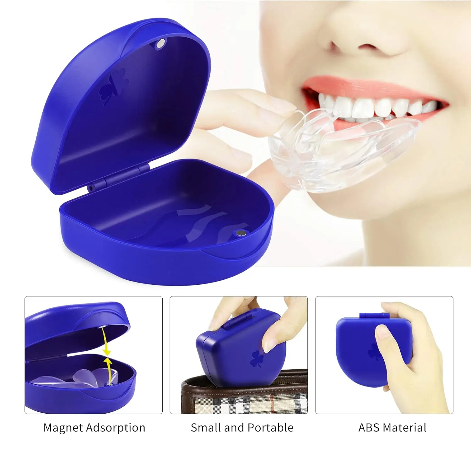 Dark blue ARGOMAX aligner case with magnetic clasp, a slim and hygienic container for safely storing orthodontic aligners or retainers, protecting them from damage and unsanitary conditions.