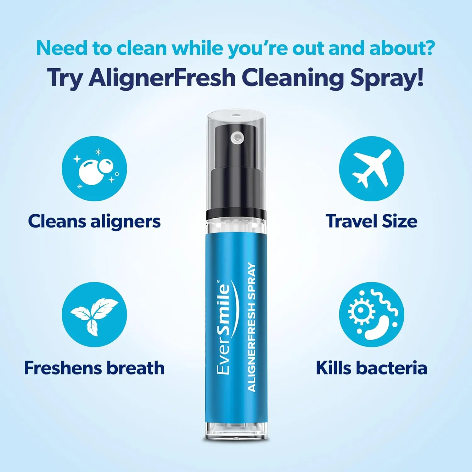 Two bottles of EverSmile AlignerFresh cleaning spray, a portable solution for cleaning clear aligners and retainers while whitening teeth and freshening breath with a mint flavor.