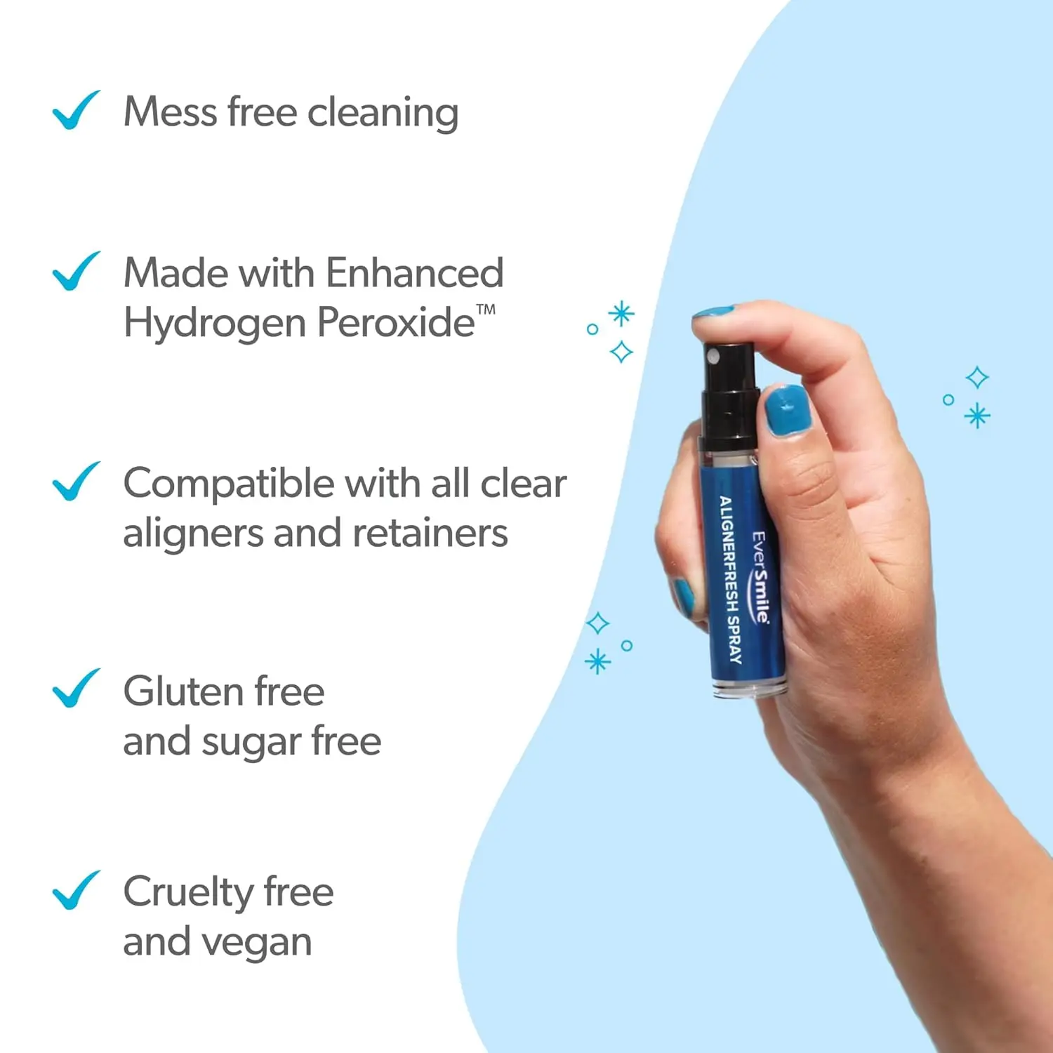 Two bottles of EverSmile AlignerFresh cleaning spray, a portable solution for cleaning clear aligners and retainers while whitening teeth and freshening breath with a mint flavor.