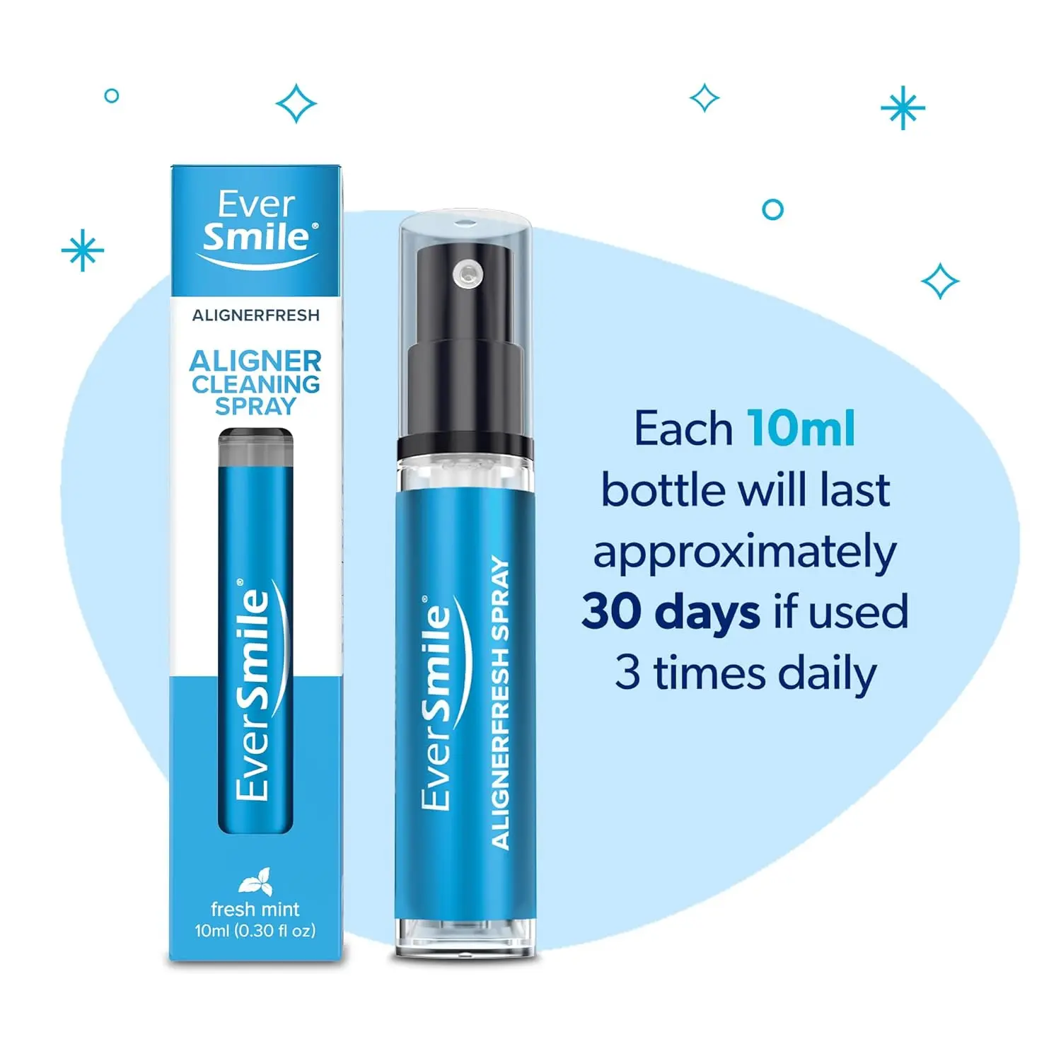Two bottles of EverSmile AlignerFresh cleaning spray, a portable solution for cleaning clear aligners and retainers while whitening teeth and freshening breath with a mint flavor.