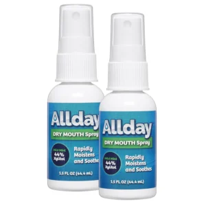 Two bottles of Allday Dry Mouth Spray with maximum strength xylitol offer fast-acting relief and a mild mint flavor in a non-acidic, alcohol-free formula.