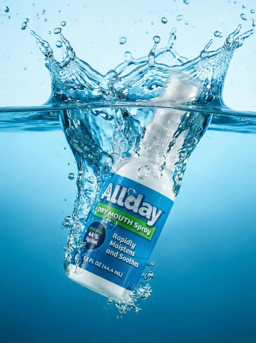 Two bottles of Allday Dry Mouth Spray with maximum strength xylitol offer fast-acting relief and a mild mint flavor in a non-acidic, alcohol-free formula.