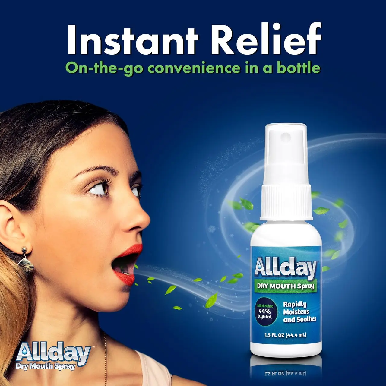 Two bottles of Allday Dry Mouth Spray with maximum strength xylitol offer fast-acting relief and a mild mint flavor in a non-acidic, alcohol-free formula.