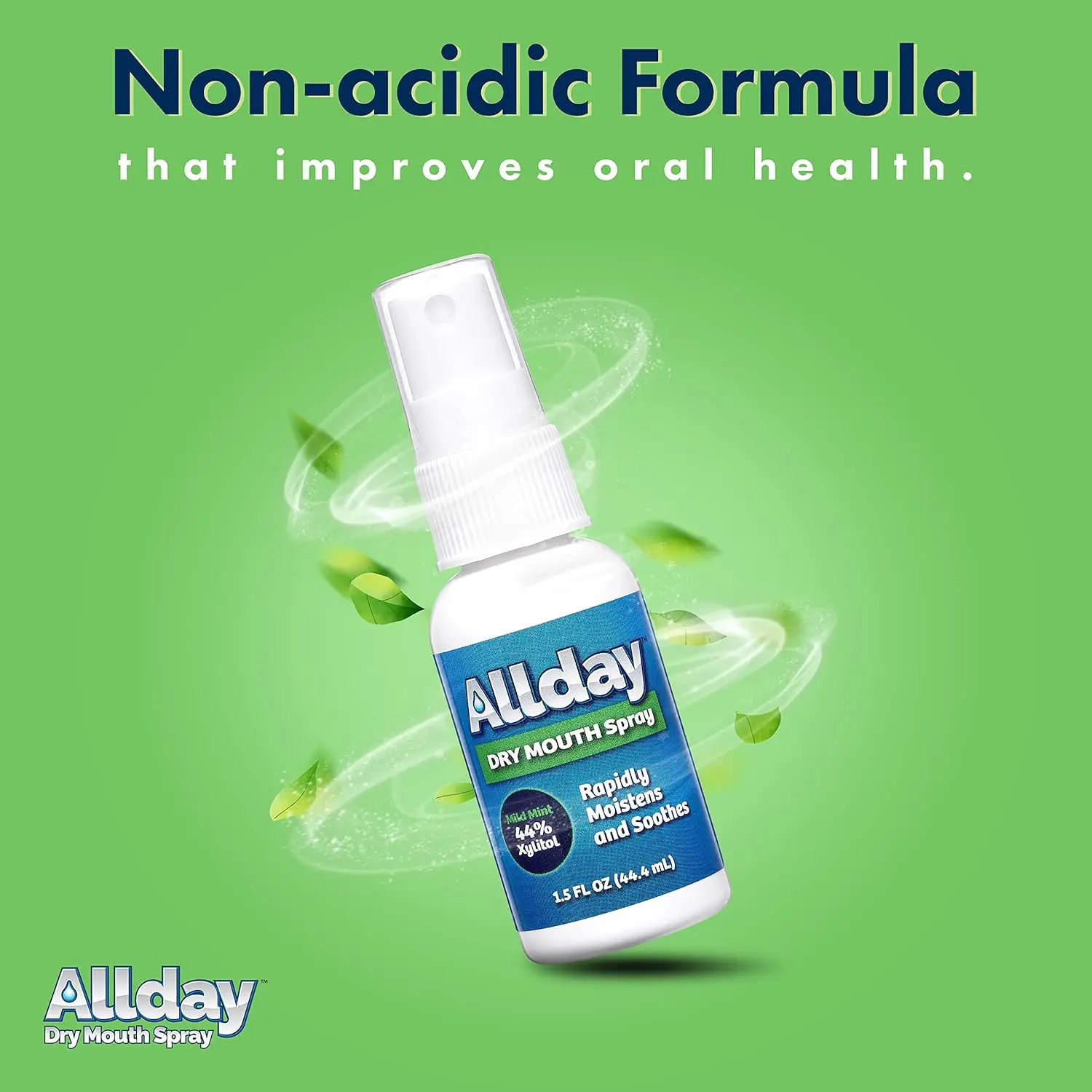 Two bottles of Allday Dry Mouth Spray with maximum strength xylitol offer fast-acting relief and a mild mint flavor in a non-acidic, alcohol-free formula.