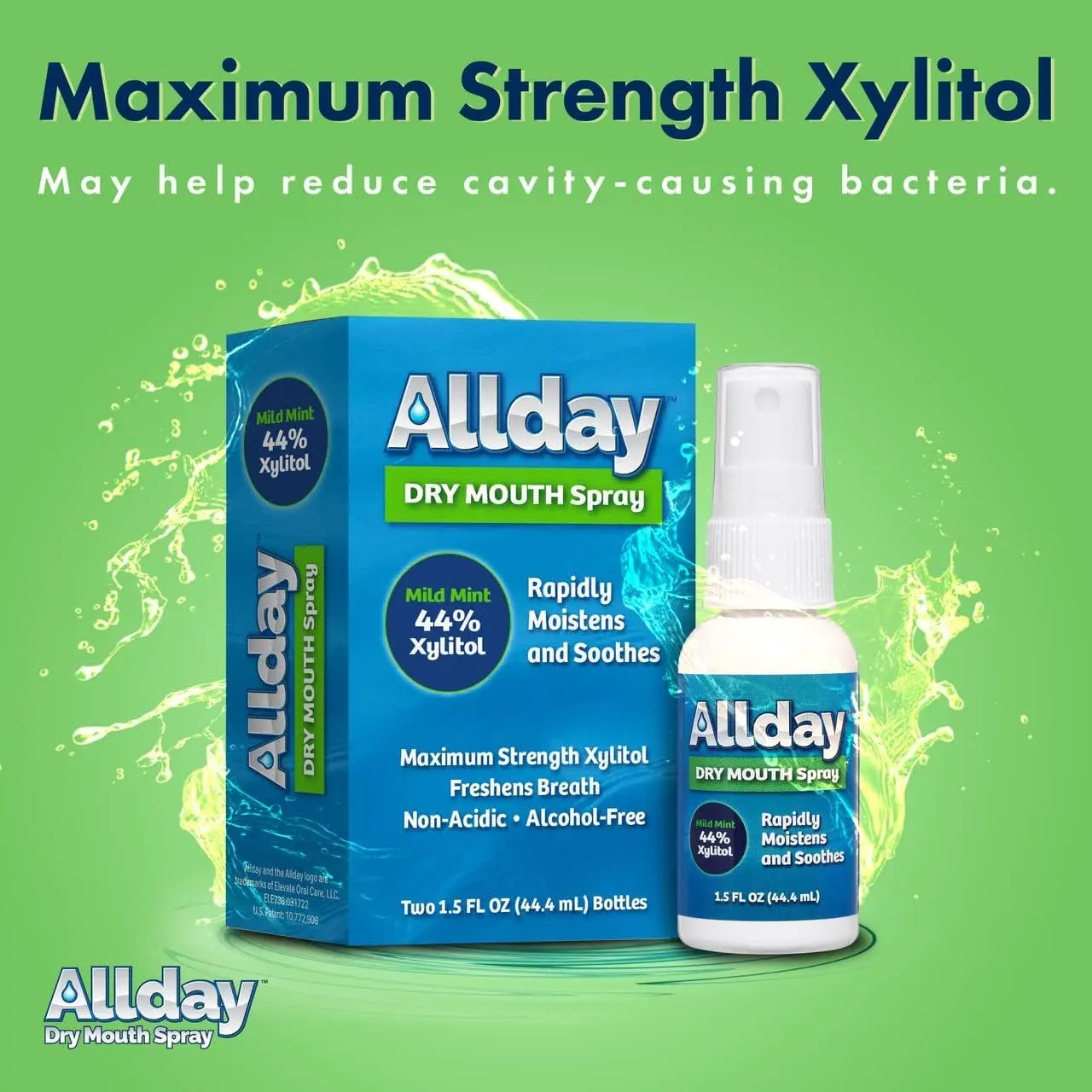 Two bottles of Allday Dry Mouth Spray with maximum strength xylitol offer fast-acting relief and a mild mint flavor in a non-acidic, alcohol-free formula.