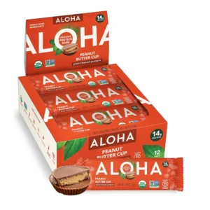 Box of 12 ALOHA organic peanut butter cup plant based protein bars that are vegan, gluten-free, low in sugar, and made with real whole food ingredients for a healthy lifestyle.