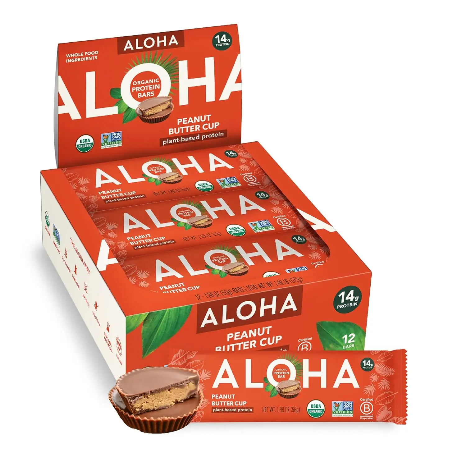 Box of 12 ALOHA organic peanut butter cup plant based protein bars that are vegan, gluten-free, low in sugar, and made with real whole food ingredients for a healthy lifestyle.