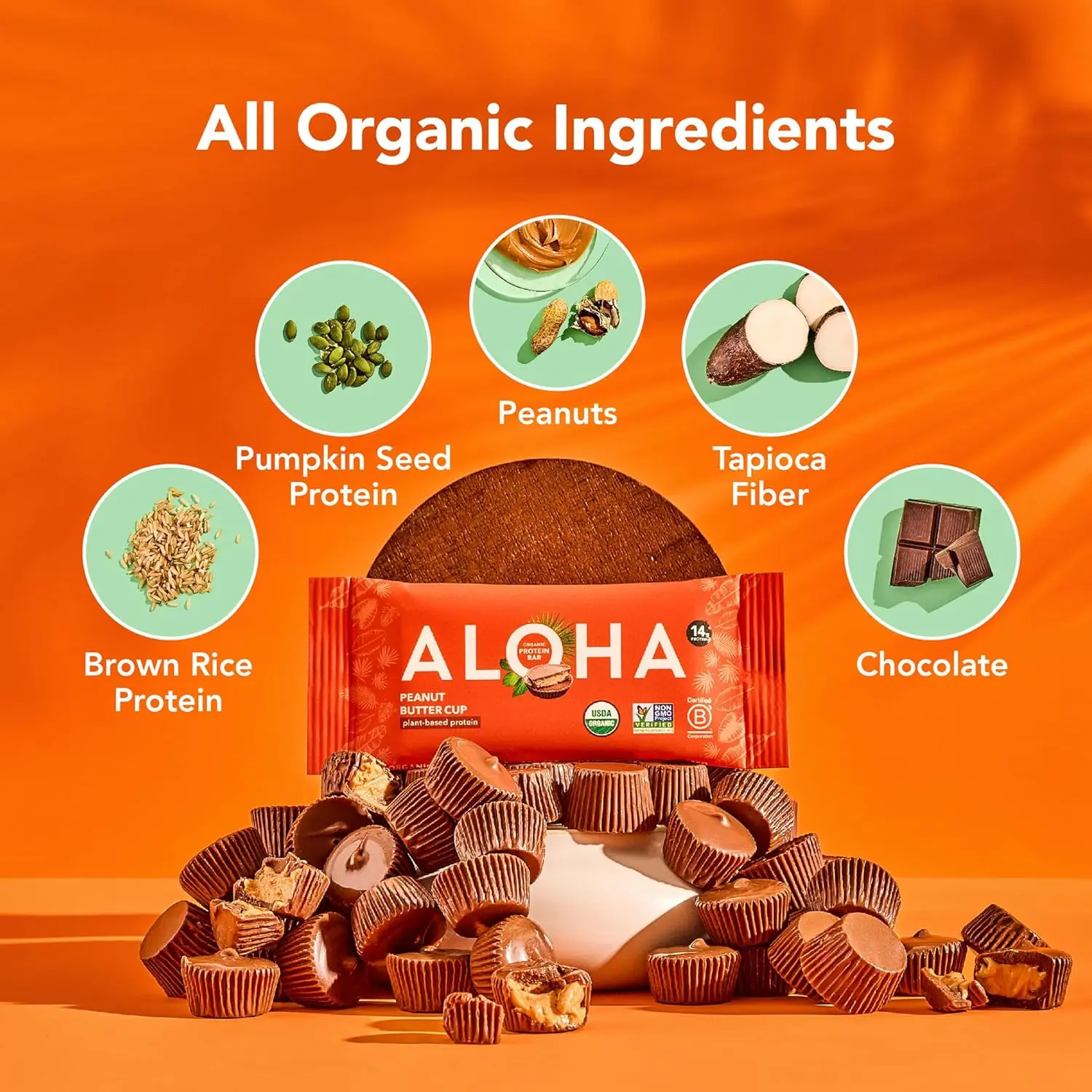 Box of 12 ALOHA organic peanut butter cup plant based protein bars that are vegan, gluten-free, low in sugar, and made with real whole food ingredients for a healthy lifestyle.