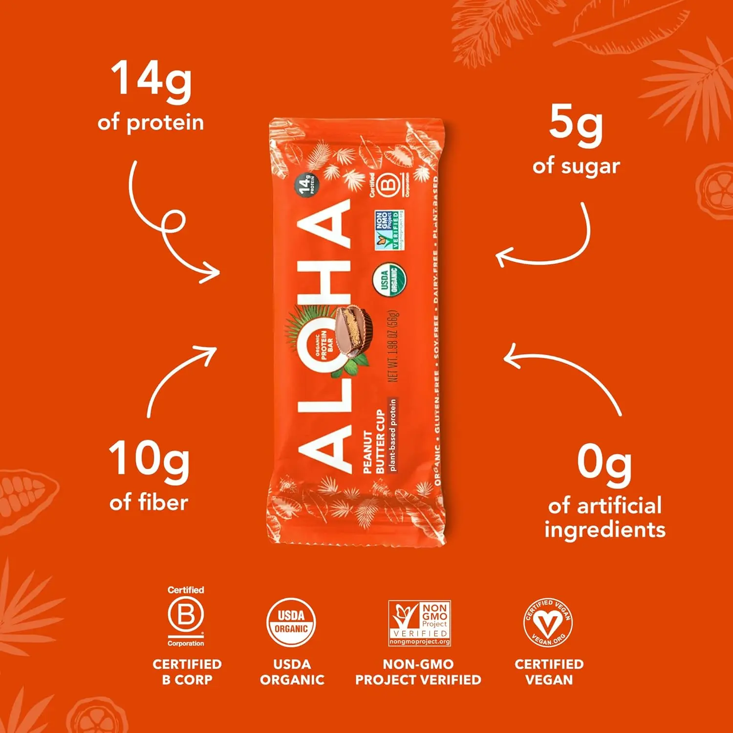 Box of 12 ALOHA organic peanut butter cup plant based protein bars that are vegan, gluten-free, low in sugar, and made with real whole food ingredients for a healthy lifestyle.