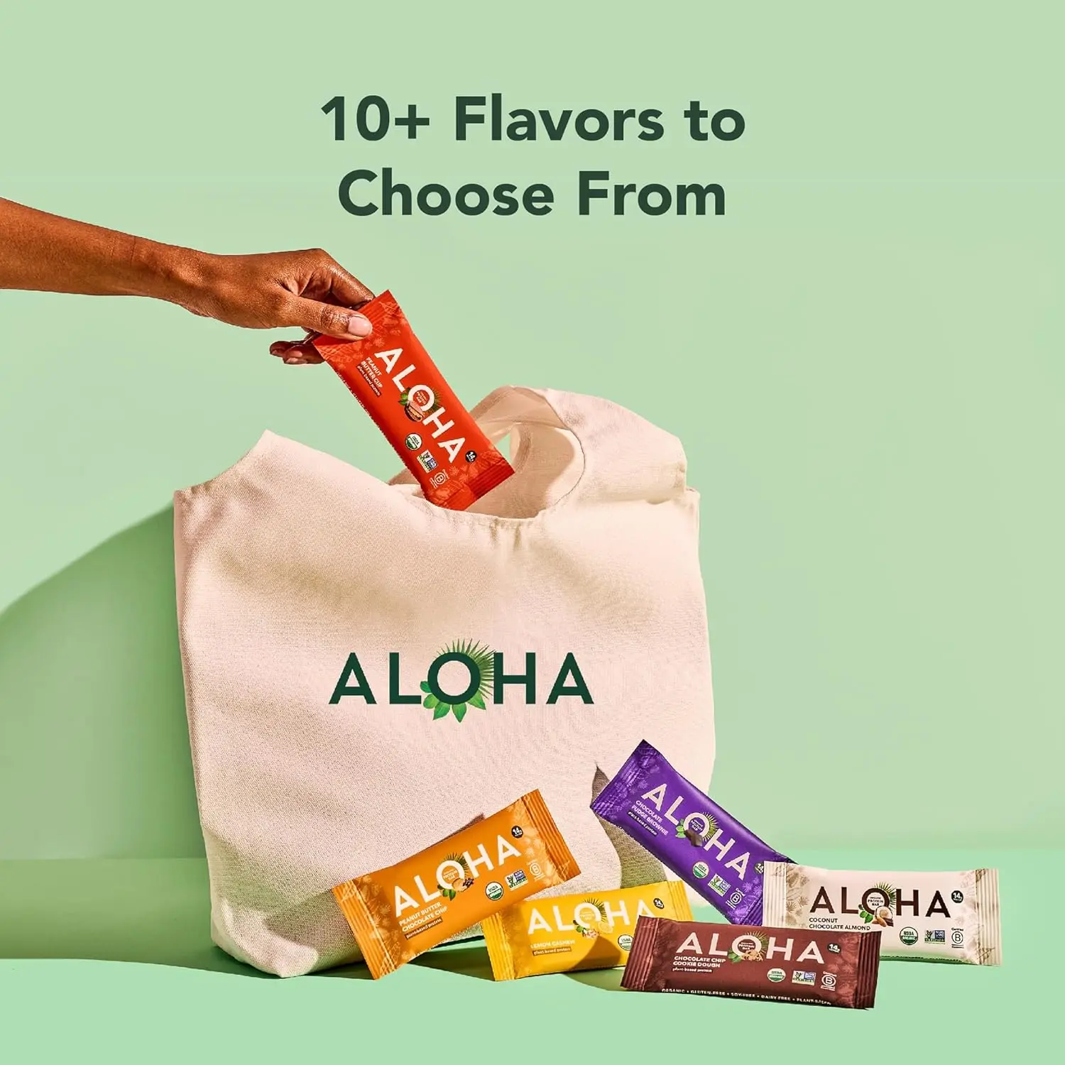 Box of 12 ALOHA organic peanut butter cup plant based protein bars that are vegan, gluten-free, low in sugar, and made with real whole food ingredients for a healthy lifestyle.