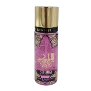 Alomda Alamaken hair and body mist with black currant, peony, and musk notes in a 75 ml bottle.