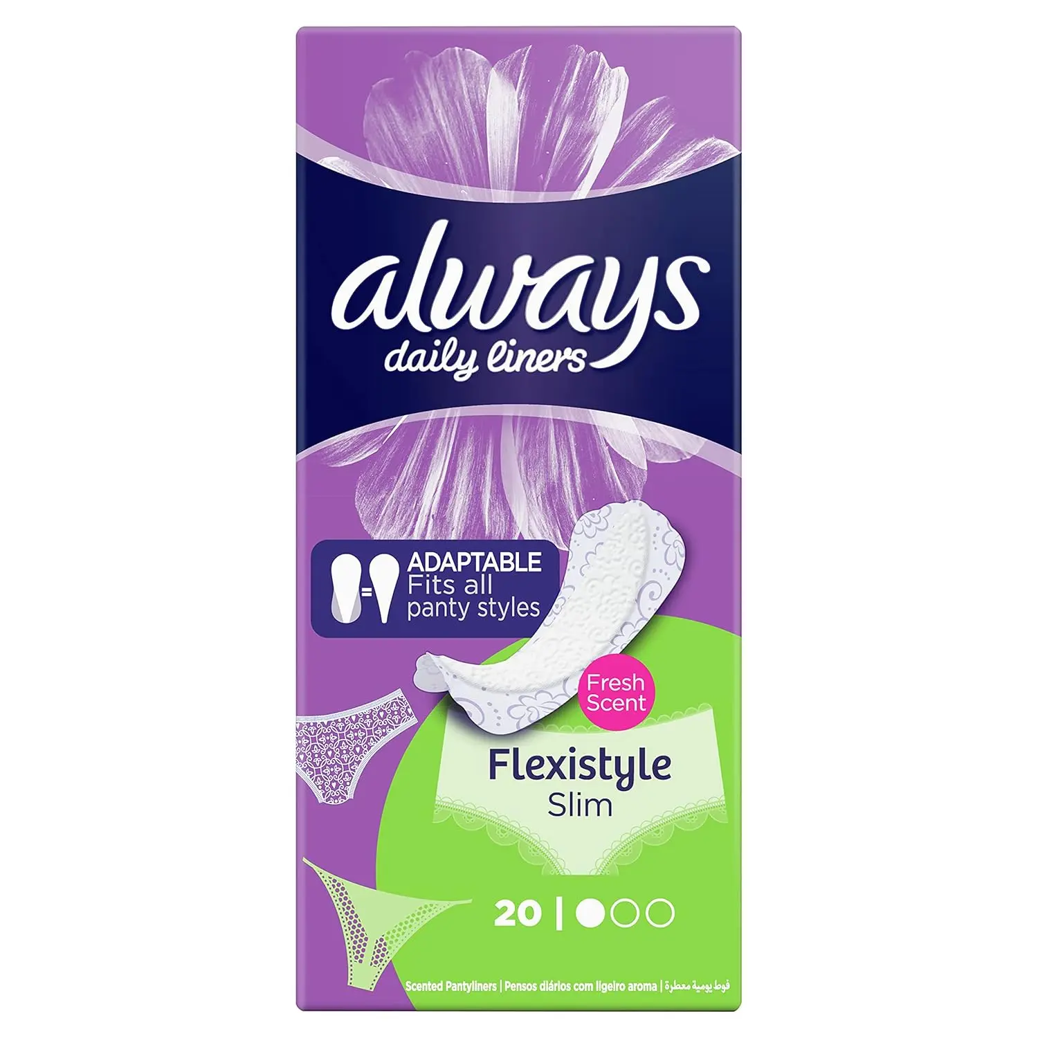 A pack of Always Daily Liners Multiform pantyliners, designed for everyday freshness, flexible fit, and breathable dryness.
