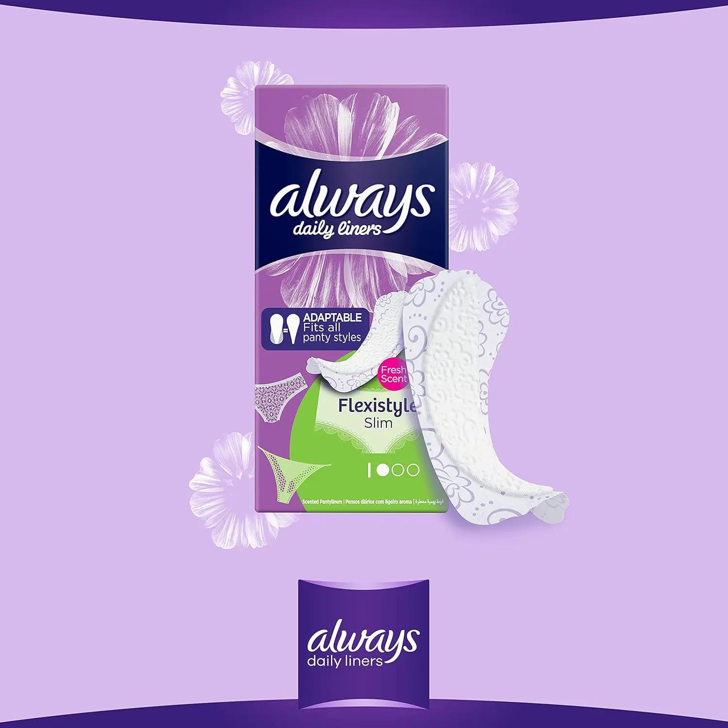 A pack of Always Daily Liners Multiform pantyliners, designed for everyday freshness, flexible fit, and breathable dryness.