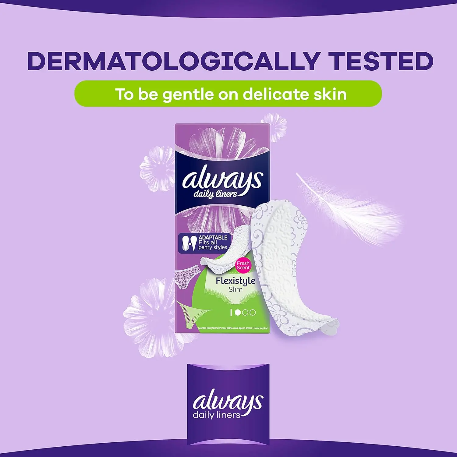 A pack of Always Daily Liners Multiform pantyliners, designed for everyday freshness, flexible fit, and breathable dryness.