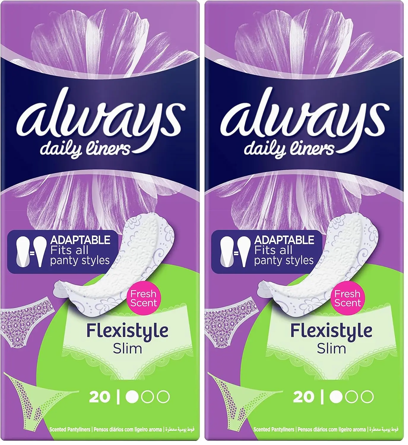 A pack of Always Daily Liners Multiform pantyliners, designed for everyday freshness, flexible fit, and breathable dryness.