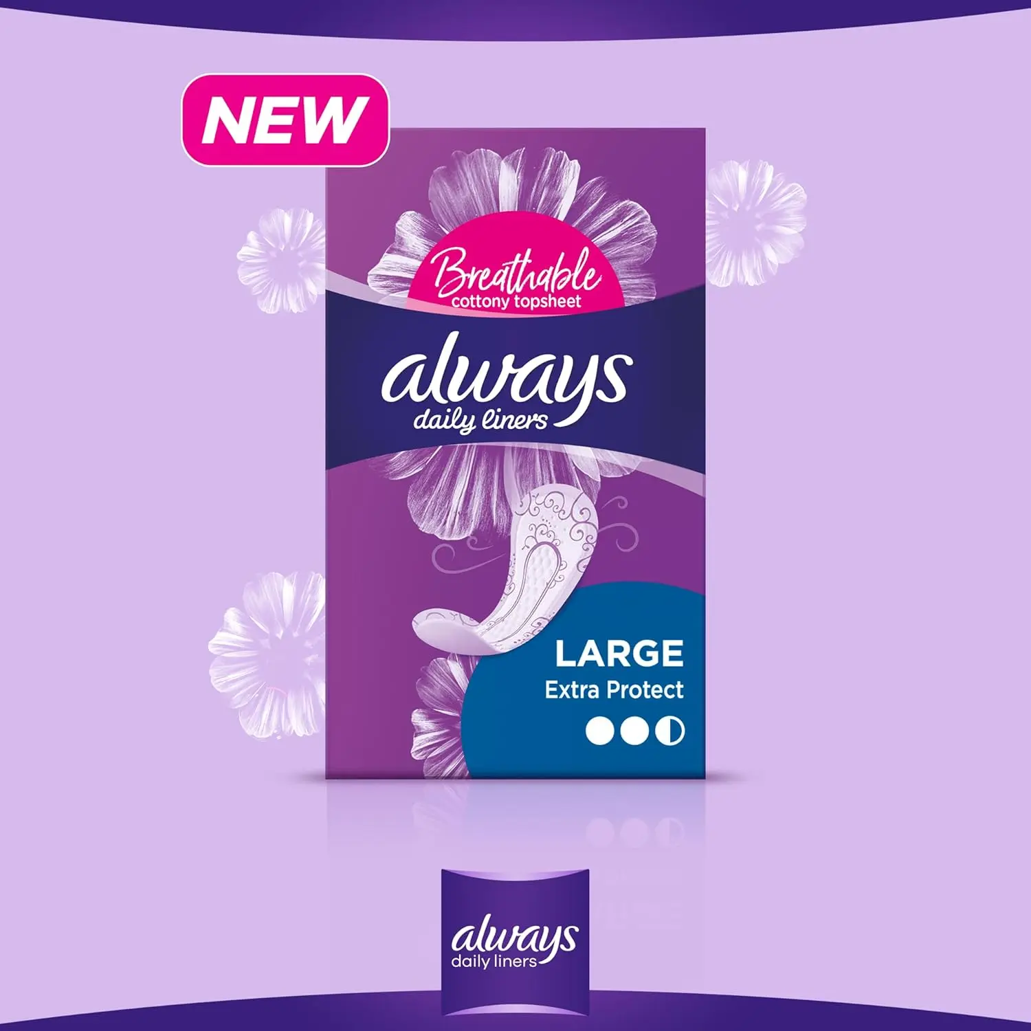 Always Daily Liners Extra Protect Large pantyliners provide up to 100% odour protection, with added side protection and a soft, absorbent top sheet for daily freshness and comfort.
