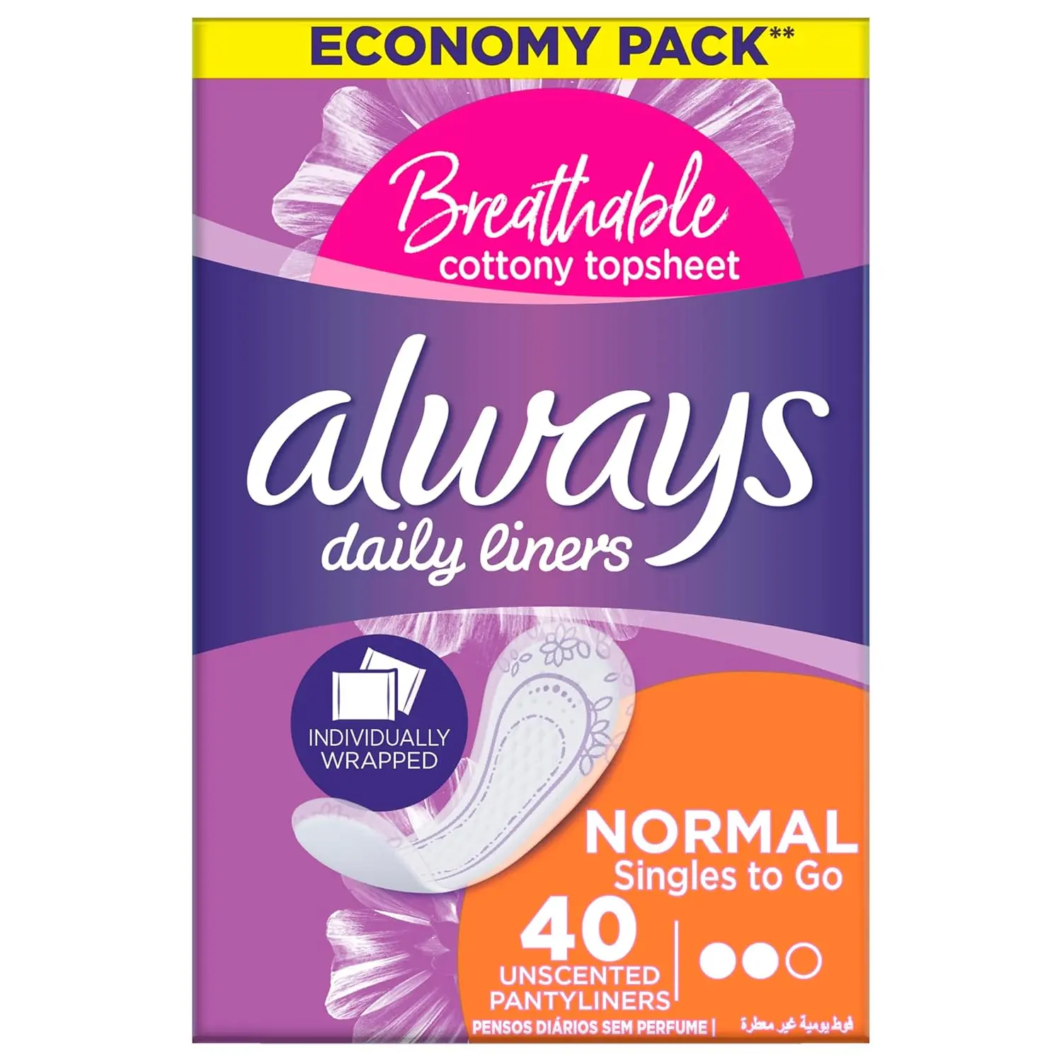 Always Daily Liners Extra Protect Large pantyliners provide up to 100% odour protection, with added side protection and a soft, absorbent top sheet for daily freshness and comfort.