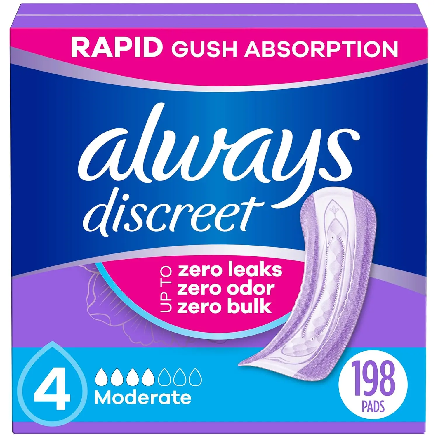 This image shows Always Discreet incontinence pads for women, size 4, offering moderate absorbency and odor control for bladder leak protection.
