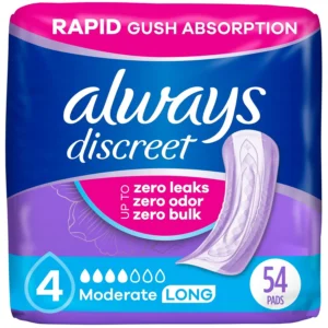 Always Discreet Moderate Long incontinence pads provide up to 100% leak-free protection with a RapidDry core and OdorLock technology, available in a 54 count package.