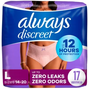 Always Discreet incontinence underwear for women in large size provides up to 12 hours of dryness and zero leaks day and night, featuring a super absorbent core and OdorLock technology for maximum protection and comfort.
