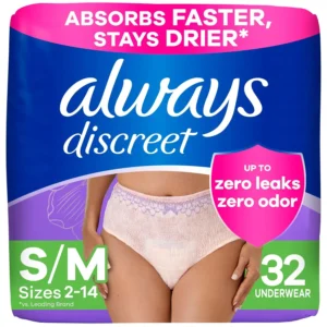Always Discreet incontinence underwear in small/medium size with maximum absorbency and RapidDry core for heavy leak protection, shown for discreet and comfortable all-day or overnight wear.
