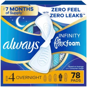 Always Infinity Size 4 overnight pads with wings provide up to 12 hours of leak-free, zero feel protection for women.
