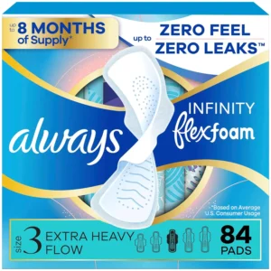 Always Infinity Size 3 unscented pads with FlexFoam for extra heavy flow, offering zero leaks, zero feel, and zero bunching, conforming to your body for comfortable protection.